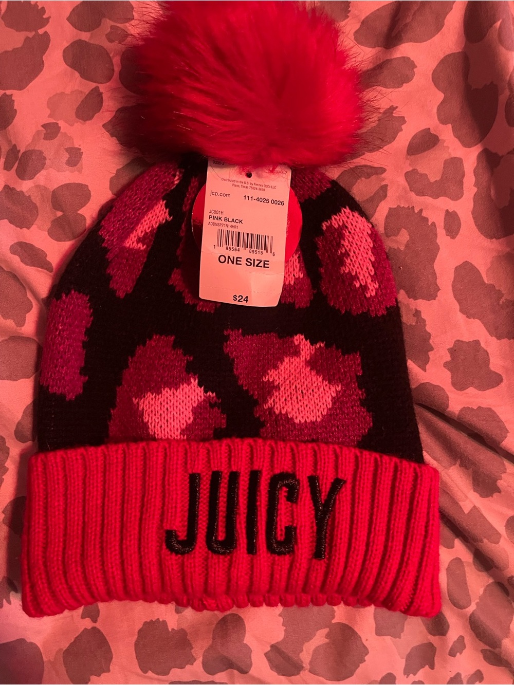 Juicy Couture Black and Pink Pom Beanie
